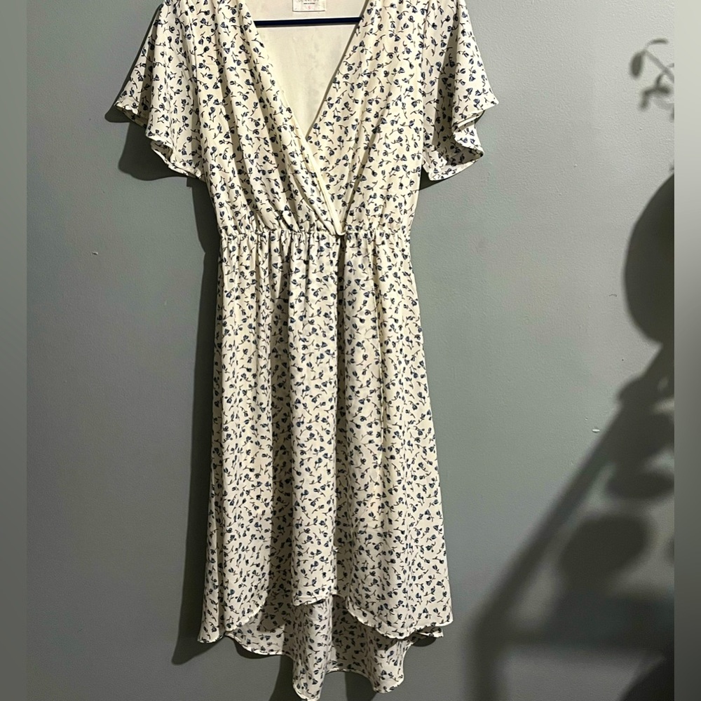 White floral dress with blue flowers